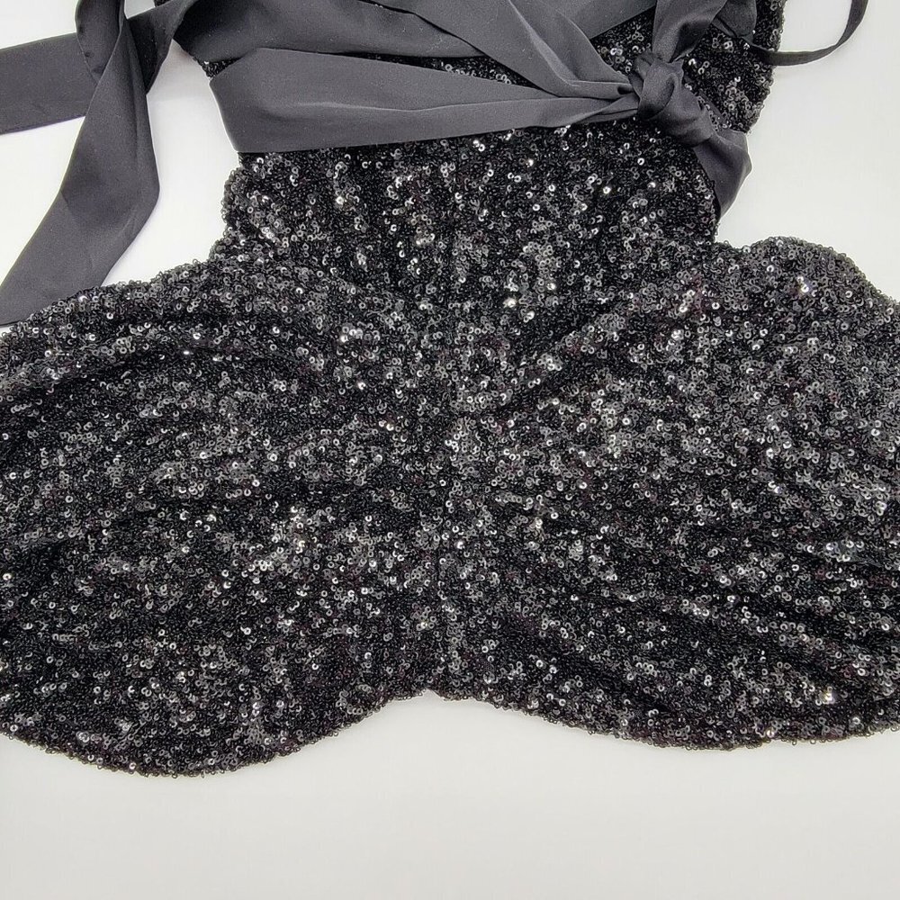 Express Womens Sequin V Neck Tie Waist Wide Leg Jumpsuit Size XS Black - Picture 11 of 16